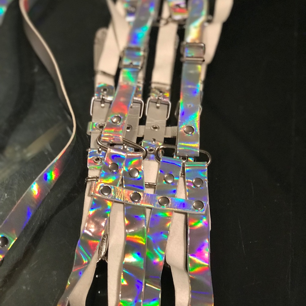 Holographic iridescent strap top belt buckle rave goth bikini festival sexy punk - Picture 6 of 7